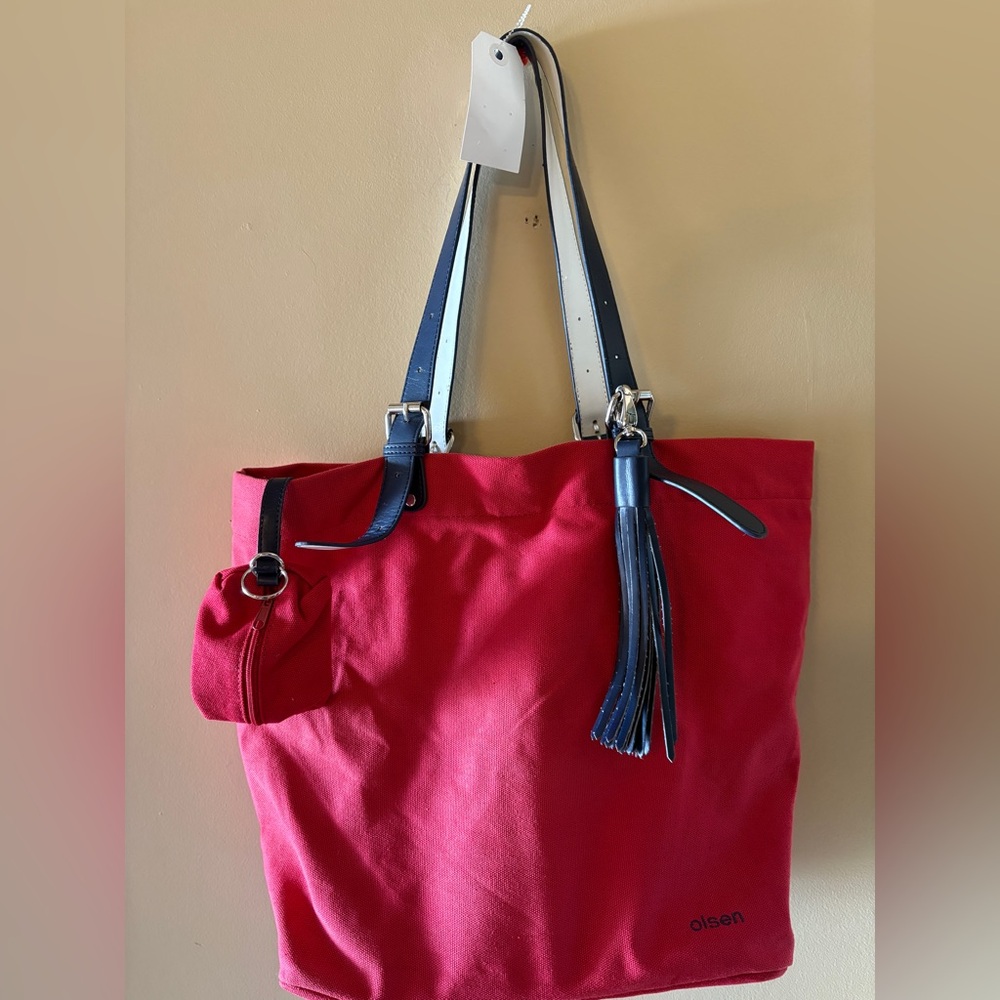 Olsen Europe Red Canvas Tote Bag with Blue Straps - Picture 2 of 14